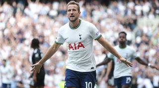 Tottenham Hotspur's Harry Kane celebrates scoring his side's second goal during the Premier League match between Tottenham Hotspur and Fulham at the Tottenham Hotspur Stadium on September 3, 2022 in London, United Kingdom.