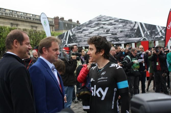 Geraint Thomas (Sky) talks to Tour de France organiser Christian Prudhomme and Welcome Yorkshire Chief exec Gary Verity