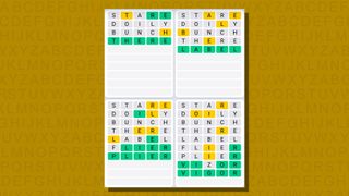 Quordle daily sequence answers for game 759 on a yellow background