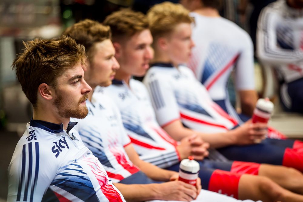 Jon Dibben, Owain Doull, Oliver Wood, and Matthew Gibson take a breather