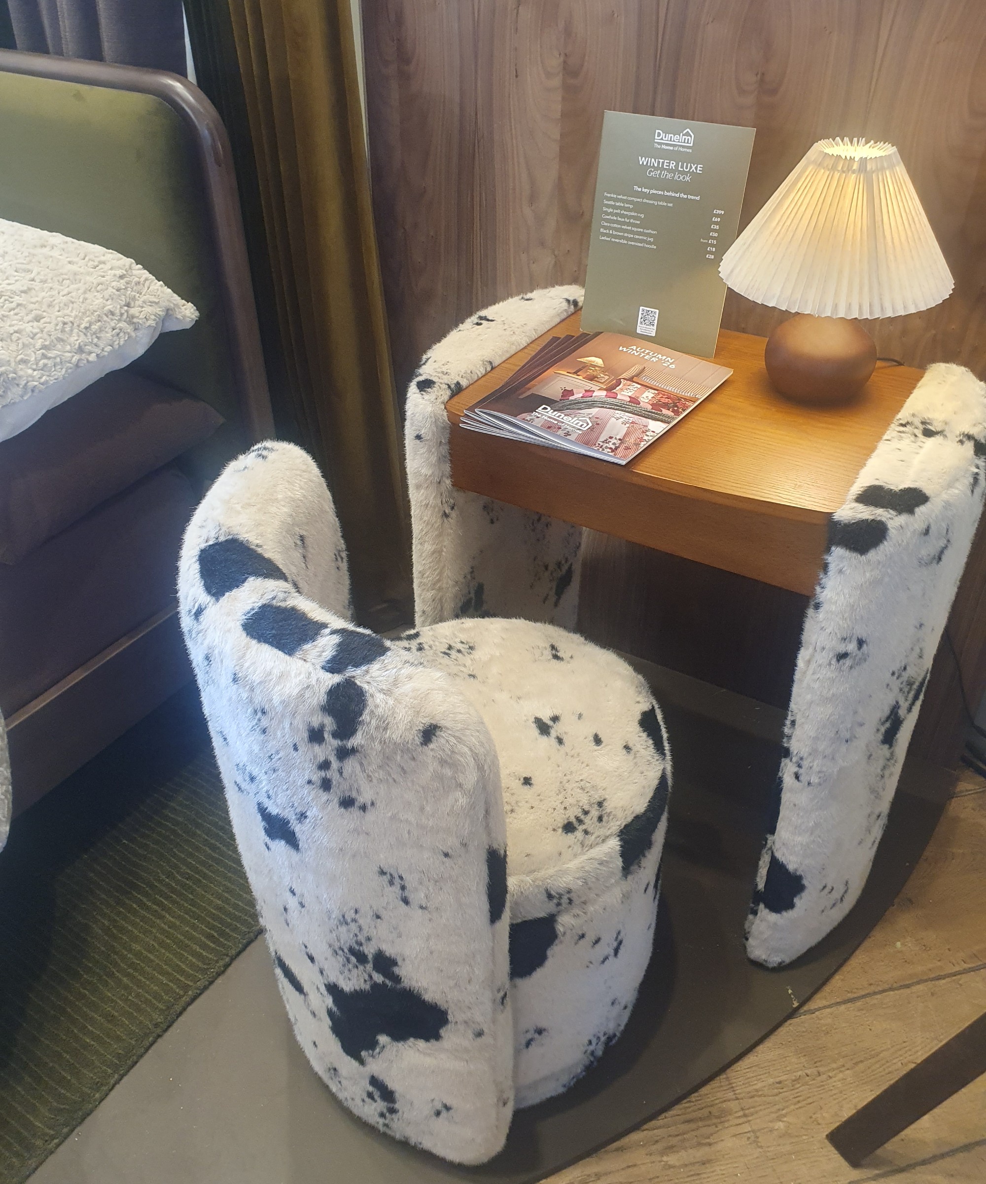 The cow-print Frankie dressign table at Dunelm's autumn/winter 2026 press show