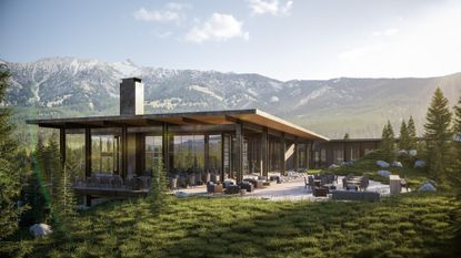 A rendering of the main lodge at One&amp;Only Moonlight Basin in Montana