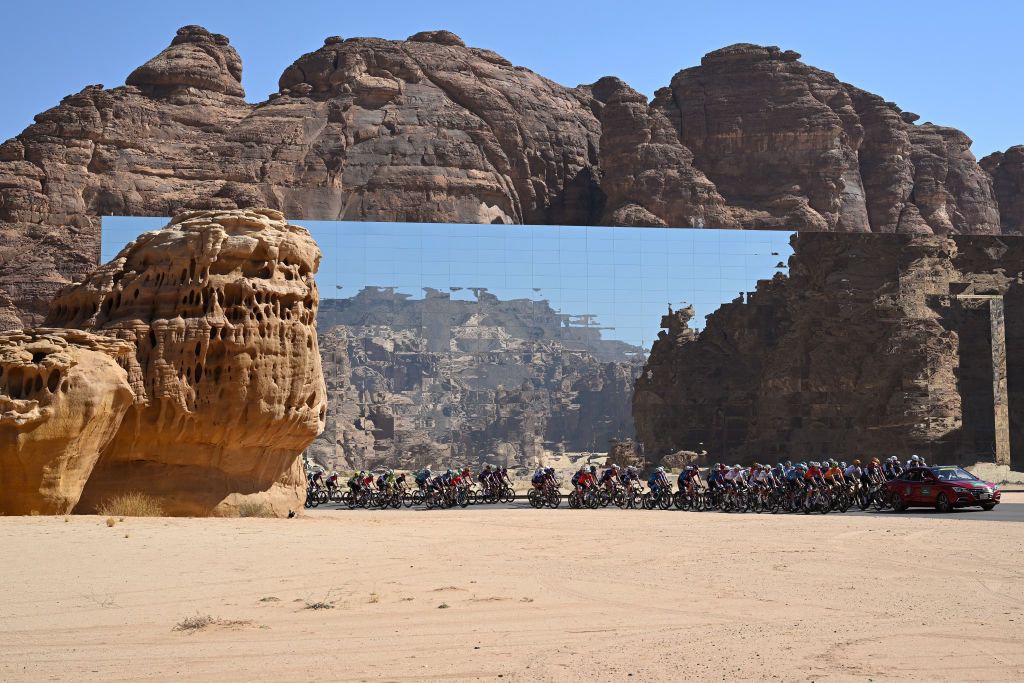 MARAYA SAUDI ARABIA JANUARY 31 A general view of the peloton prior to the 5th AlUla Tour 2025 Stage 4 a 1409km stage from Maraya to Skyviews of Harrat Uwayrid 1159m on January 31 2025 in Maraya Saudi Arabia Photo by Szymon GruchalskiGetty Images