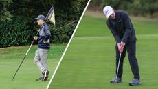(left) Jonny Leighfield stands with one hand on his hip and the other holding a flag which is resting on his shoulder (right) Jonny Leighfield makes a putt using his old Nike putter