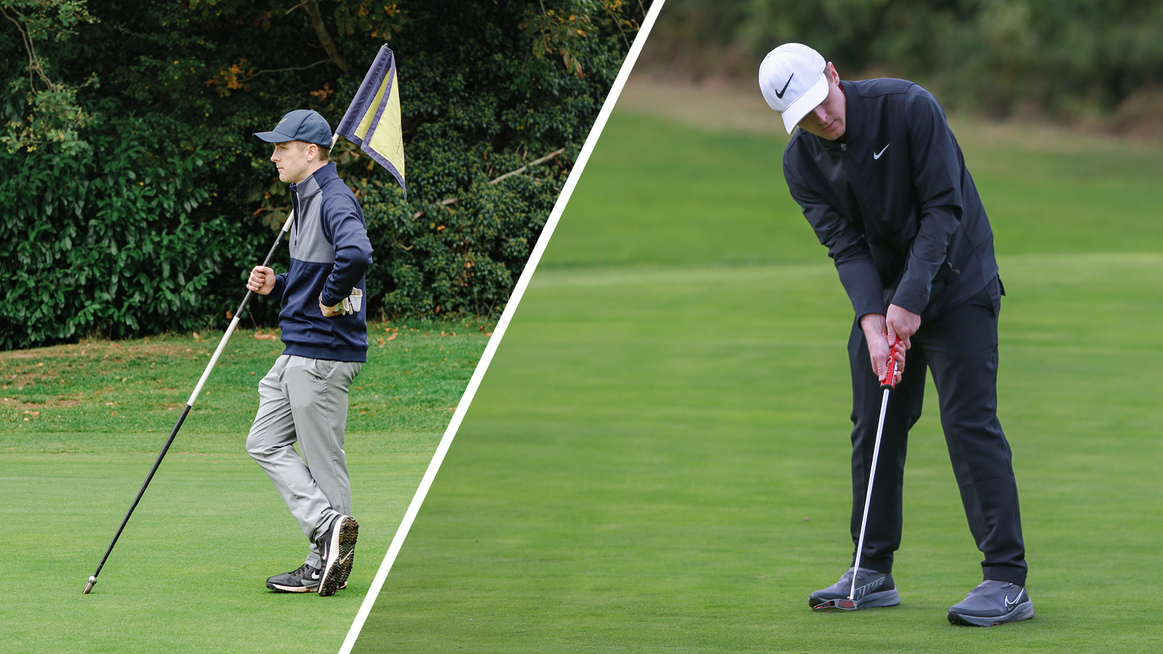 (left) Jonny Leighfield stands with one hand on his hip and the other holding a flag which is resting on his shoulder (right) Jonny Leighfield makes a putt using his old Nike putter