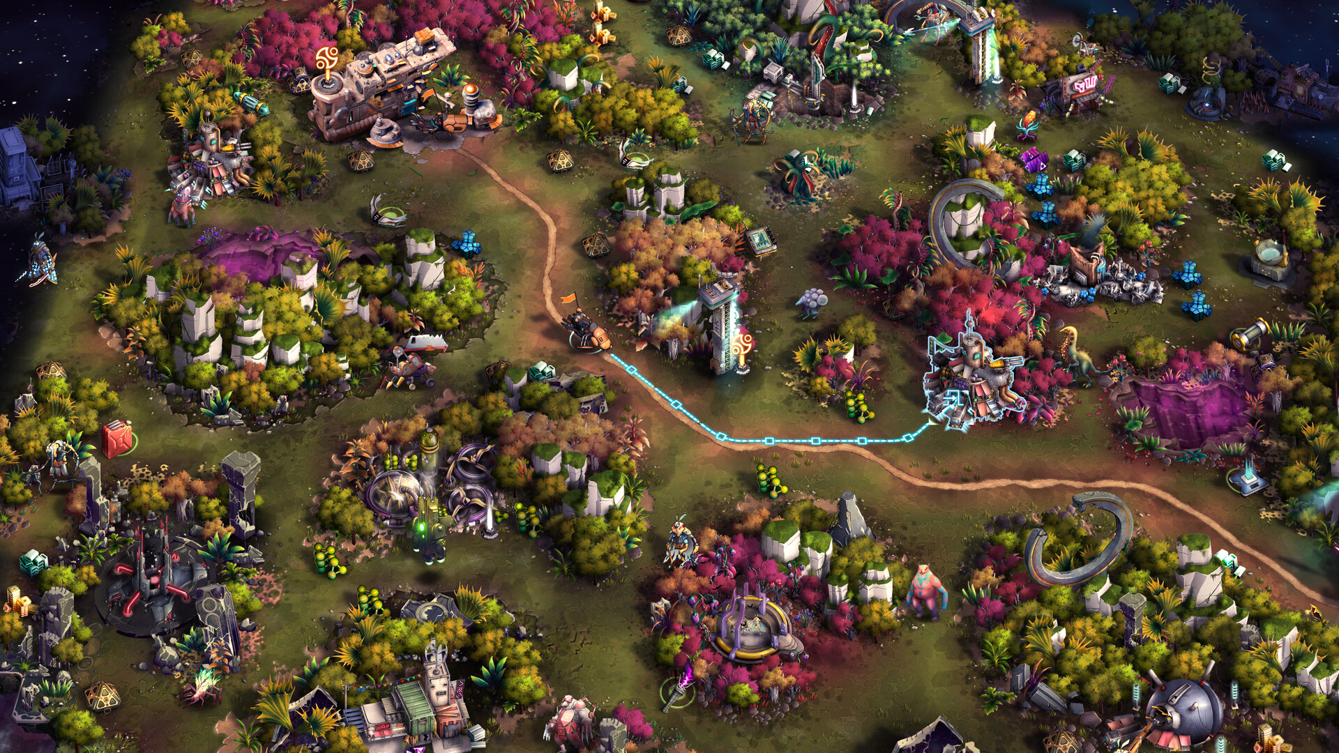 An image of a top-down strategy map in Heroes of Science and Fiction, showing units navigating through a green and purple forest environment.