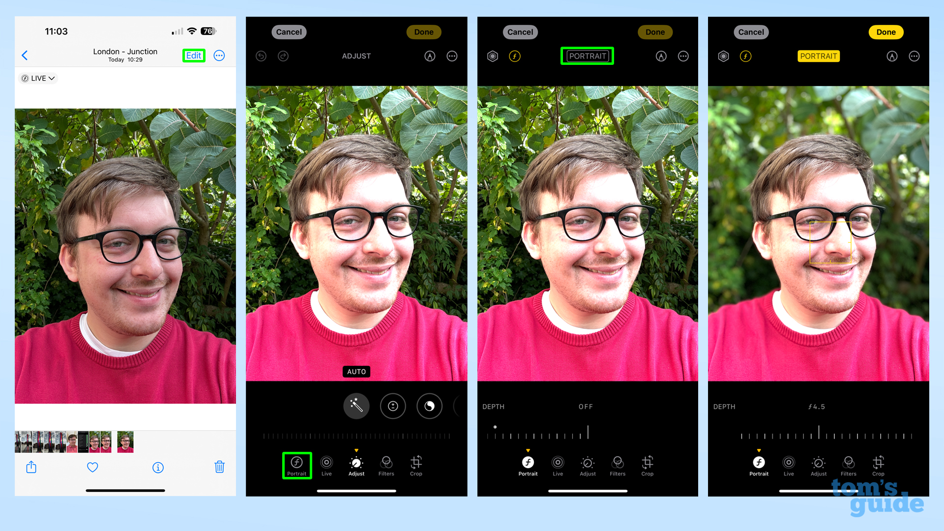 Capturas de pantalla que muestran cómo aplicar un efecto de retrato a través del menú Editar en un iPhone 15