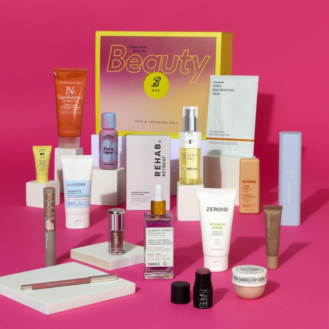 Boots New &amp;amp; Trending Beauty Box with its contents in front of the box, on a big background