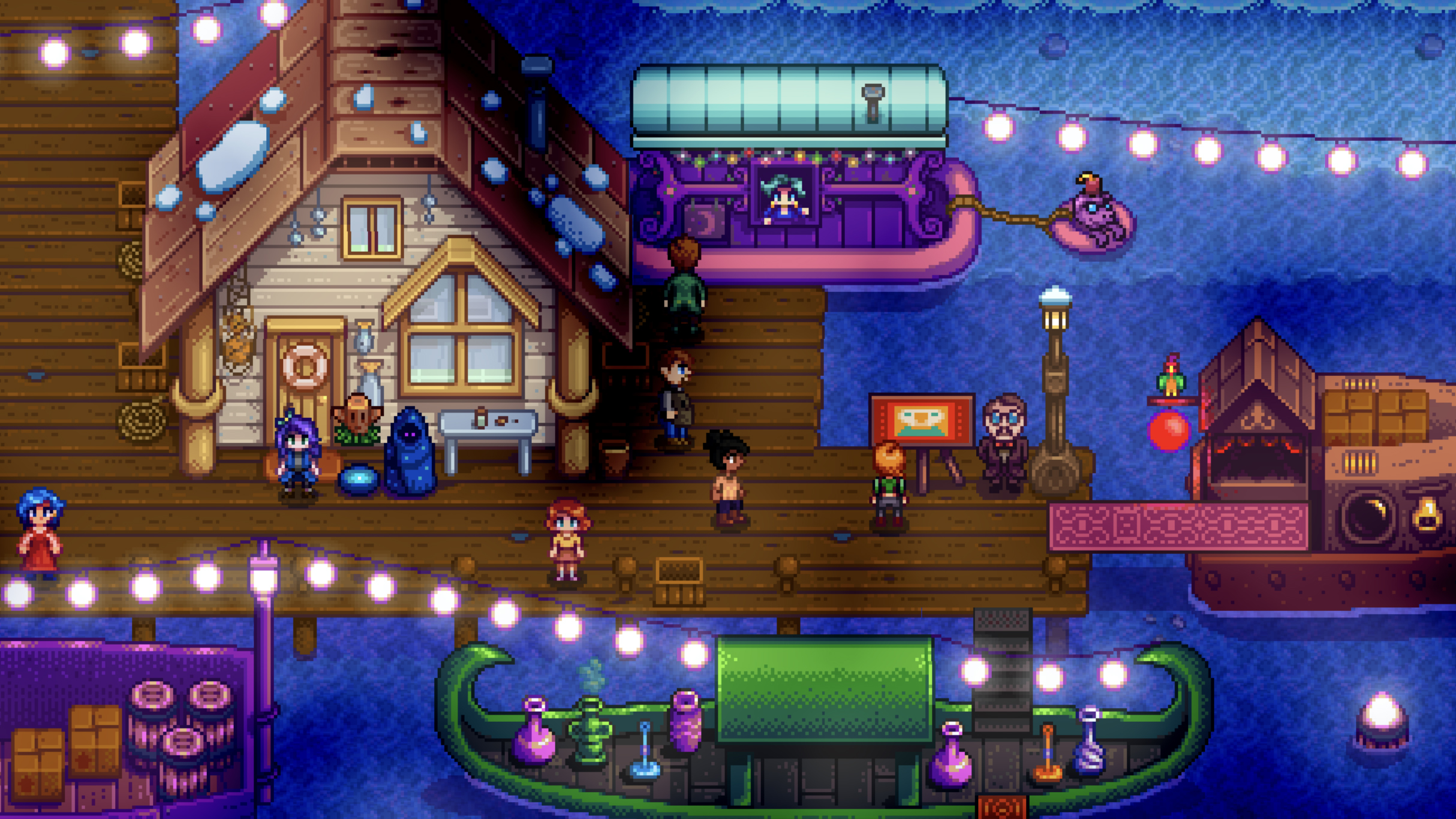 A wharf with a boat house and some boats in Stardew Valley