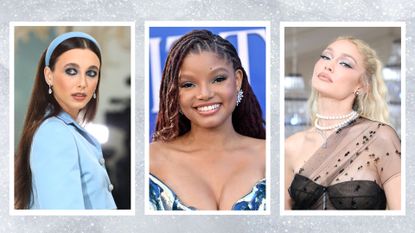 Emma Chamberlain, Halle Bailey and Gigi Hadid wearing frosted eyeshadow looks in silver and blue/ in a icy, silver sparkly template