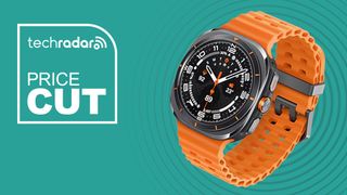 The Samsung Galaxy Watch Ultra in front of a green background