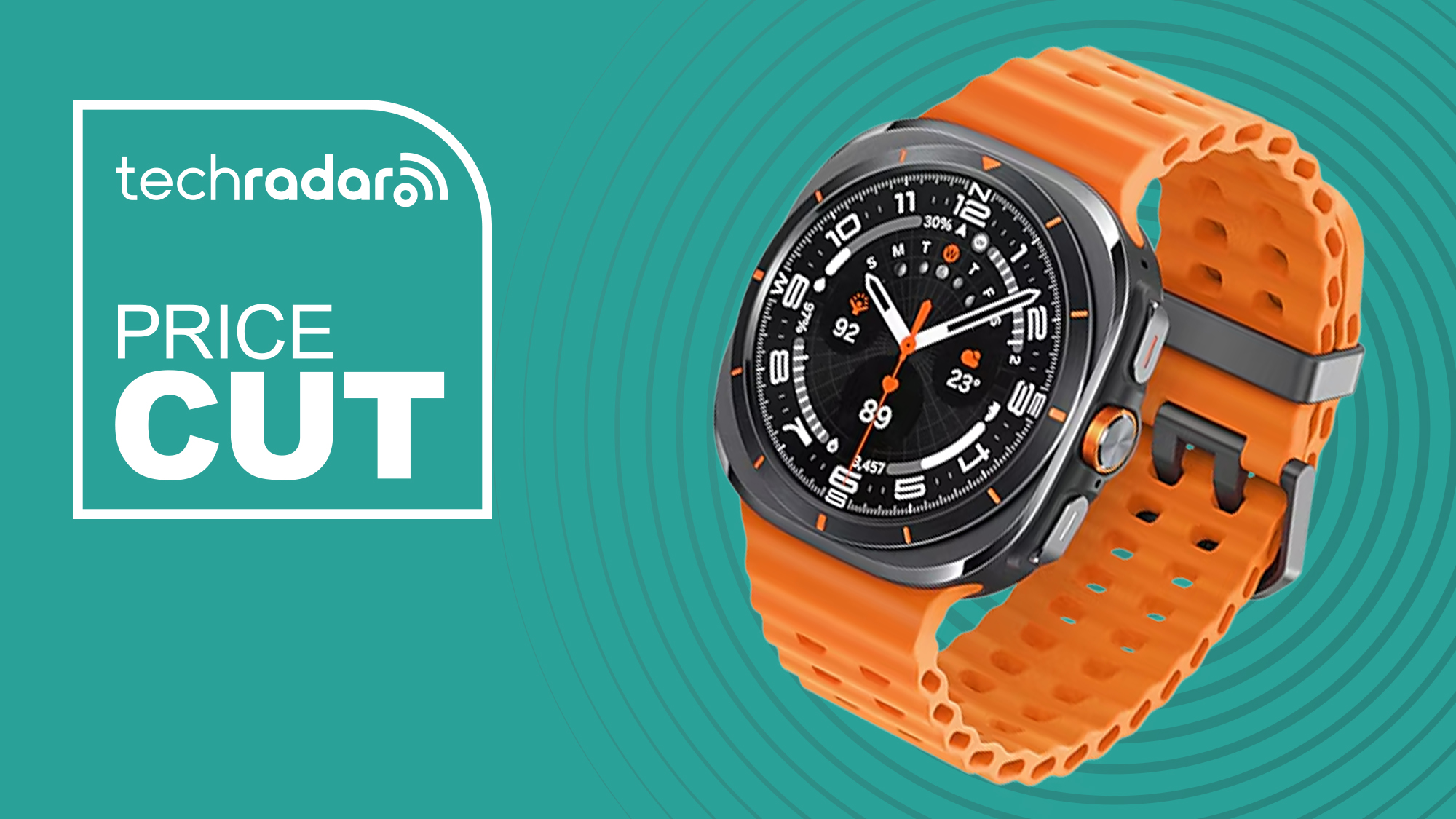 The Samsung Galaxy Watch Ultra in front of a green background