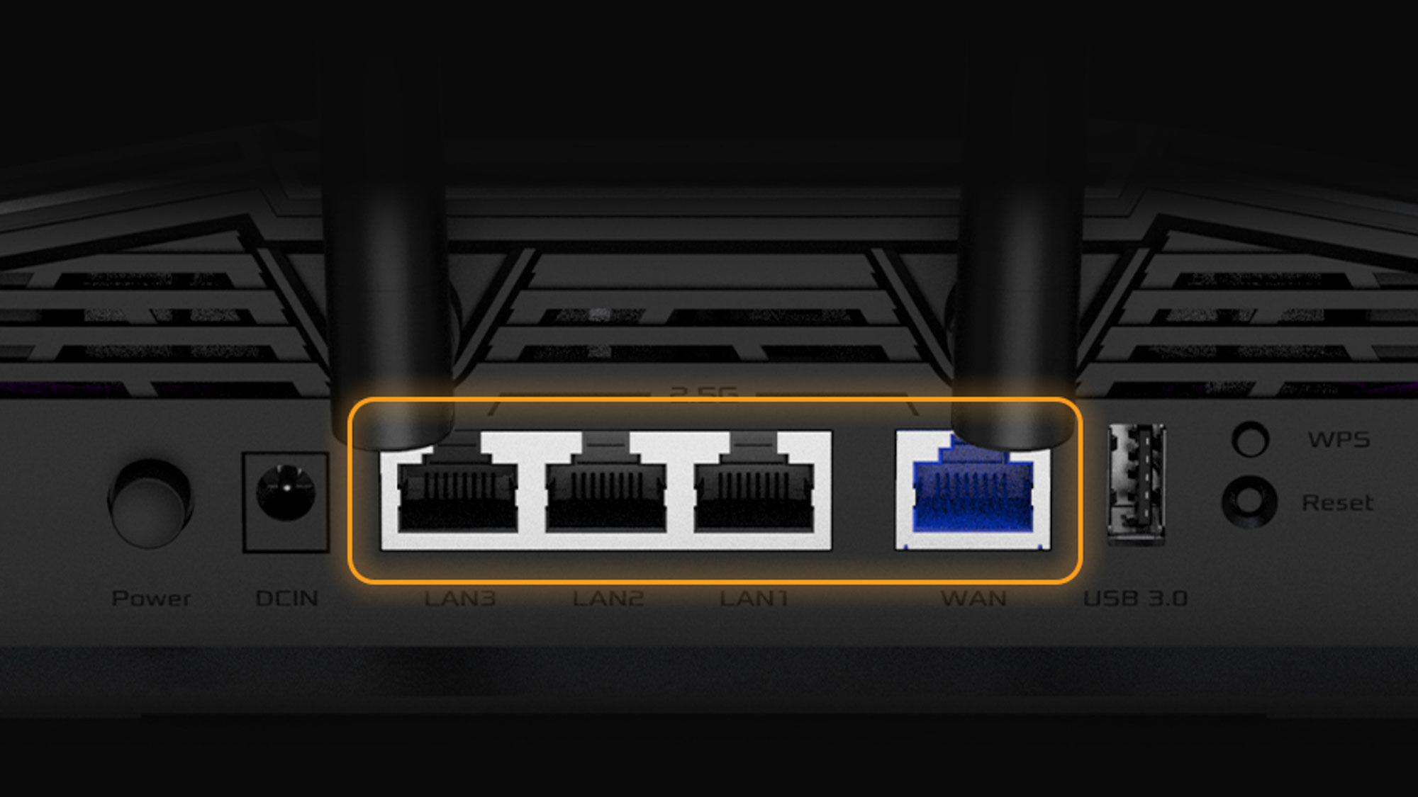 The ports on the back of an Asus TUF Gaming BE6500 router.