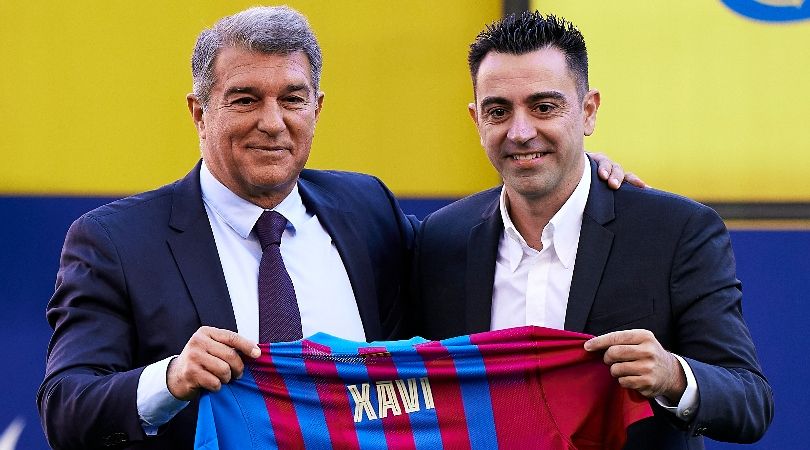 Barcelona president Joan Laporta and coach Xavi Hernandez at the latter&#039;s presentation in November 2021.