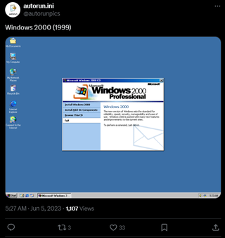 Пост на Twitter/X, содержащий всплывающую программу установки для Windows 2000.