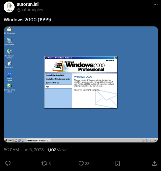 A post on Twitter/X featuring a pop-up installer for Windows 2000.