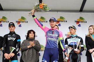 Sacha Modolo (Lampre Merida) on the podium after winning the 2014 Troefo Trofeo Ses Selines from Ben Swift (Team Sky) and Gianni Meersman (Omega Pharma-QuickStep)