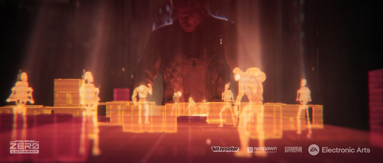 Still from the turn-based tactics video game 'Star Wars: Zero Company'. A man is looking down at small holograms on the table (holotable) which shows the positions of enemies and terrain of the battlefield.