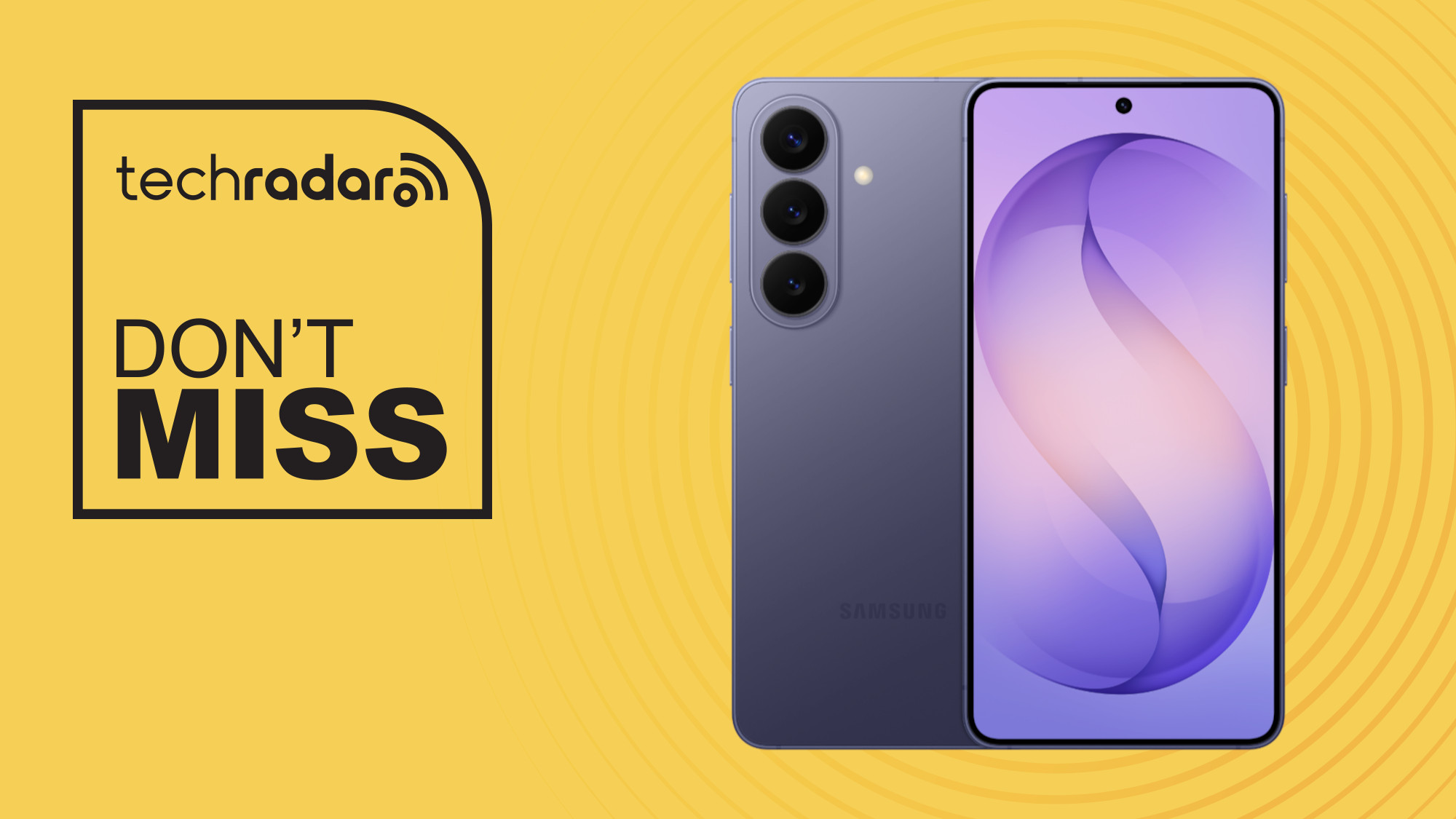 Samsung Galaxy S26 on yellow background with don't miss text overlay