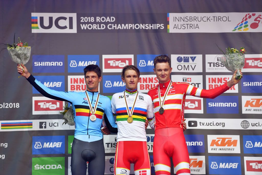 Brent Van Moer, Mikkel Bjerg and Mathias Norsgaard Jorgensen on the podium