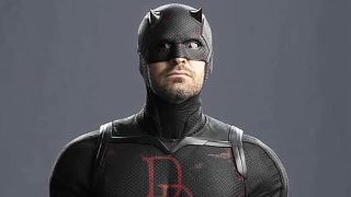 A promo image of the Shadowlands suit worn by Matt Murdock in Daredevil: Born Again season 2