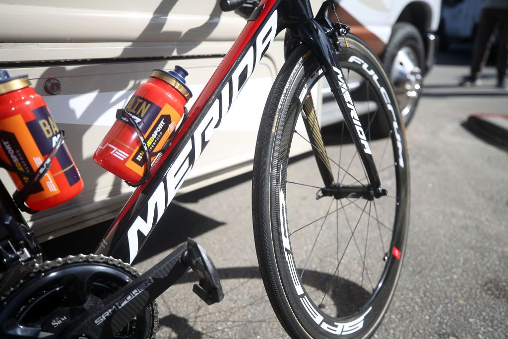 Bold white Merida decals stand out against the black undercoat