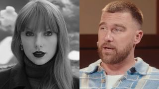 From left to right: Taylor Swift in the Fotnite video and Travis Kelce on New Heights. 