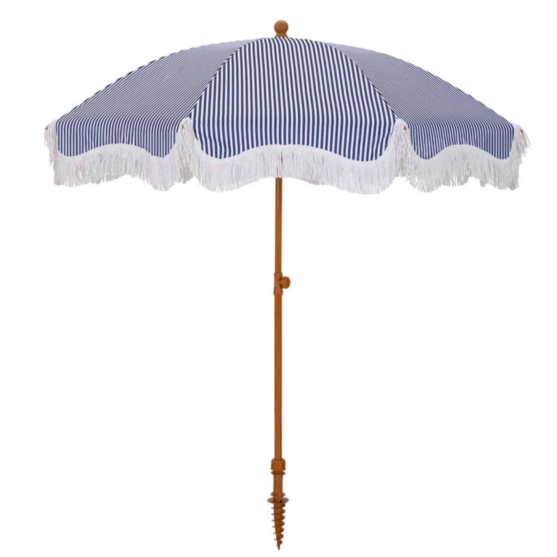 Wayfair, Sharniece 7ft Patio Umbrella with Fringe Outdoor Tassel Umbrella (Navy)