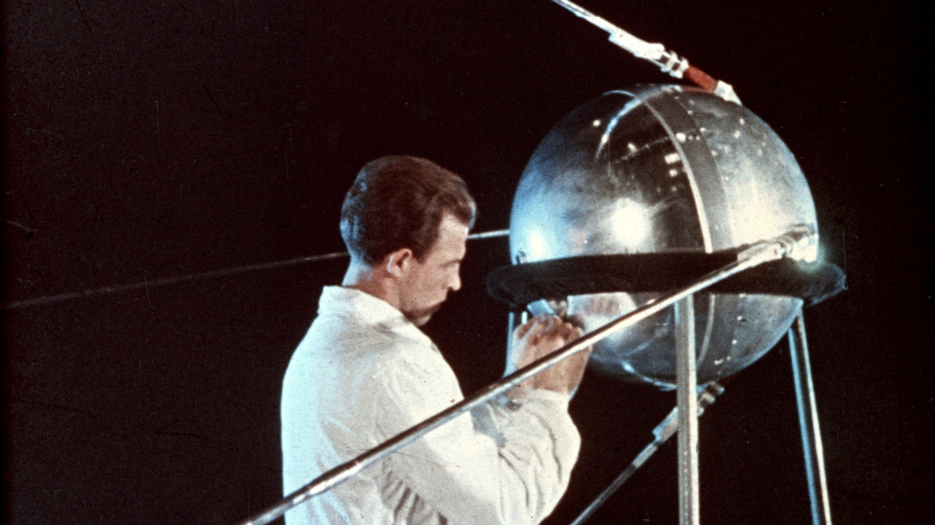 A technician working on the Soviet satellite, the first manmade object to orbit the earth