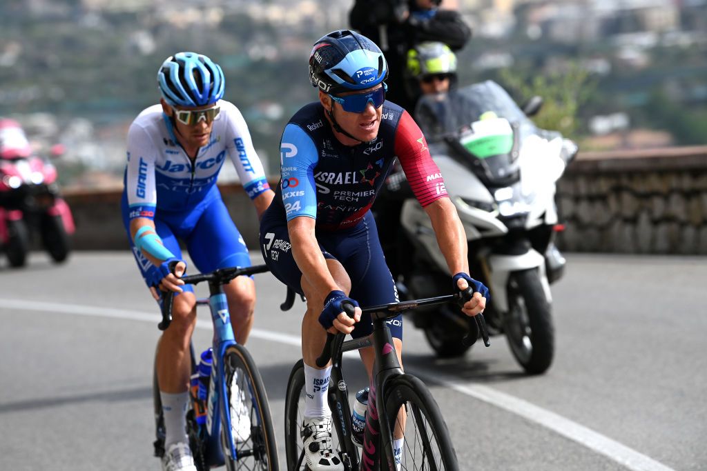 NAPLES ITALY MAY 11 Simon Clarke of Australia and Team Israel Premier Tech and Alessandro De Marchi of Italy and Team Jayco AlUla compete in the breakaway during the 106th Giro dItalia 2023 Stage 6 a 162km stage from Naples to Naples UCIWT on May 11 2023 in Naples Italy Photo by Tim de WaeleGetty Images