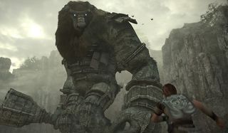 A colossus towers over Wander in Shadow of the Colossus
