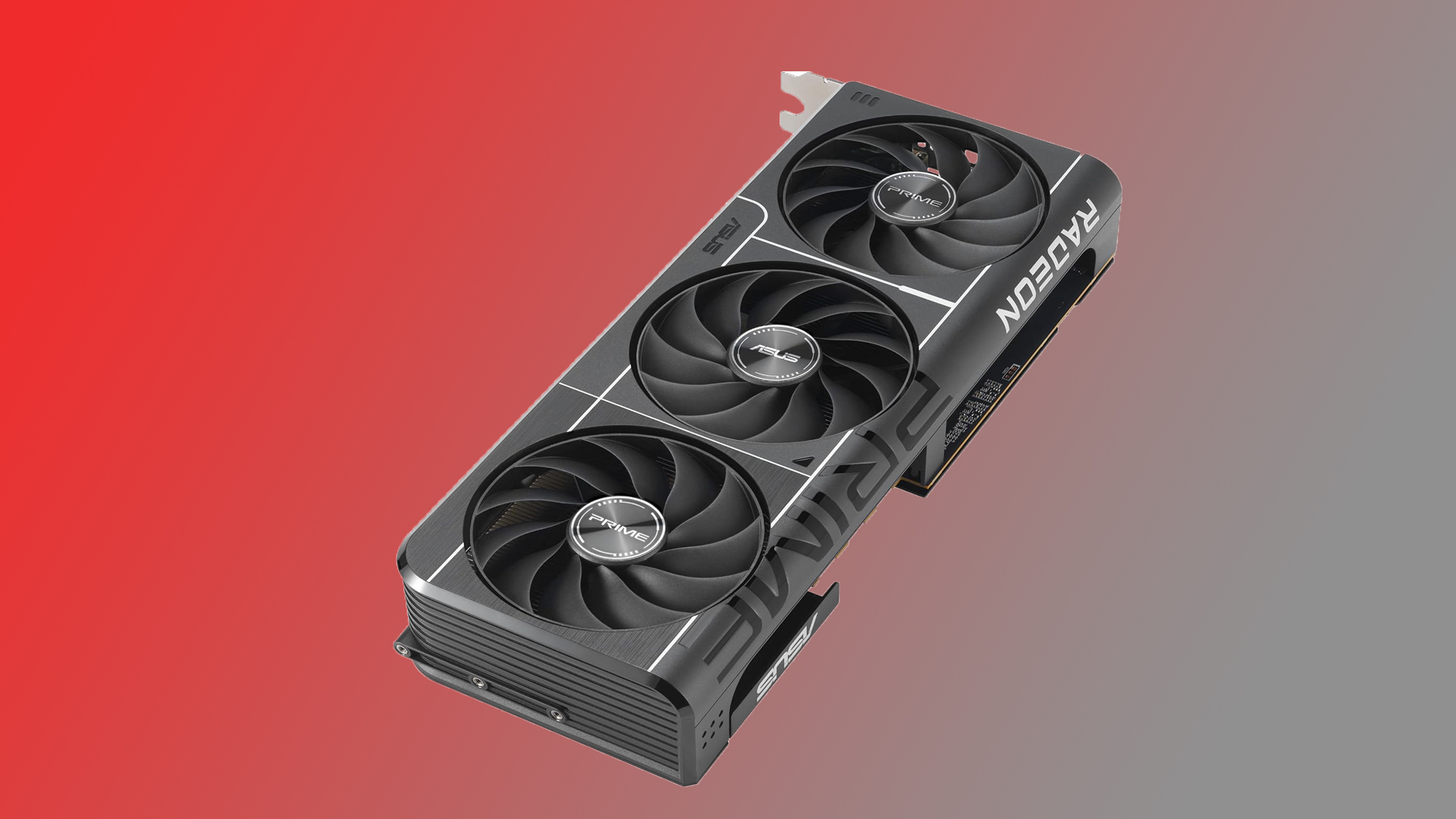 The Asus Prime AMD Radeon RX 9070 OC Edition graphics card on a red and grey background