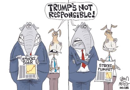 Political cartoon U.S. Trump stock market drop partisanship