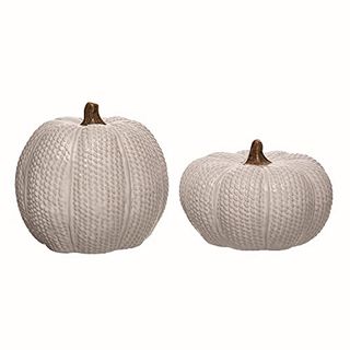 One Holiday Way Elegant Set of 2 Decorative Ceramic Knit White Faux Pumpkin Figurines - Rustic Fall Tabletop Decorations - Autumn Country Farmhouse Harvest Home Decor