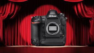 Theater stage with red velvet curtains and spotlights. 3d illustration, with Nikon D6 in center of image 