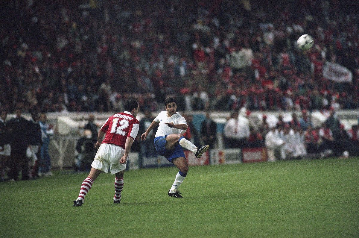 Nayim of Real Zaragoza shoots from long range to score the winning goal in the last minute of extra time in the 1995 UEFA Cup Winners' Cup final against Arsenal in Paris
