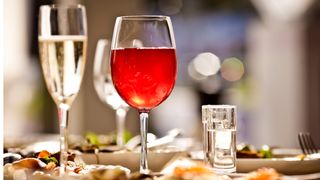 Wine glasses on dinner table