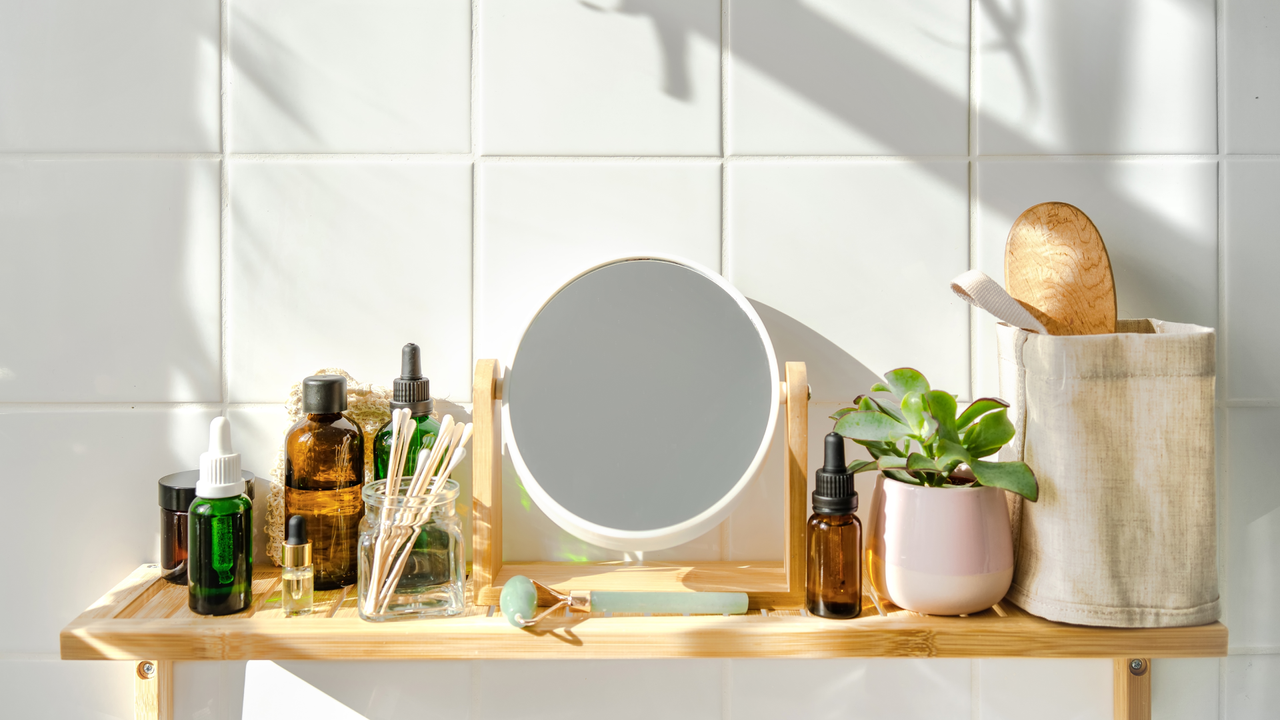 mirror and beauty products on a shelf