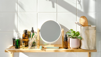 mirror and beauty products on a shelf