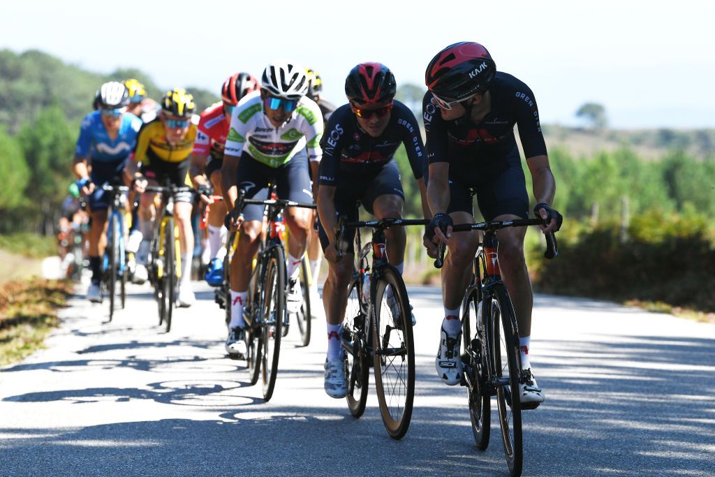 MOS SPAIN SEPTEMBER 04 Egan Arley Bernal Gomez of Colombia white best young jersey Thomas Pidcock of United Kingdom and Pavel Sivakov of Russia and Team INEOS Grenadiers lead the peloton during the 76th Tour of Spain 2021 Stage 20 a 2022km km stage from Sanxenxo to Mos Alto Castro de Herville 502m lavuelta LaVuelta21 on September 04 2021 in Mos Spain Photo by Tim de WaeleGetty Images