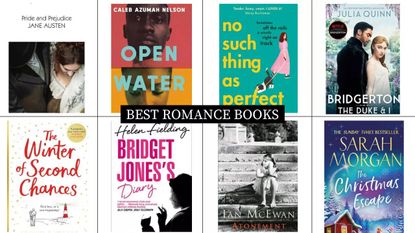 a collage image of eight of the books included in w&h's best romance books round-up