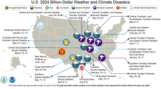 A map of the U.S. plotted with 11 weather and climate disasters each costing $1 billion or more that occurred between January and July, 2024.