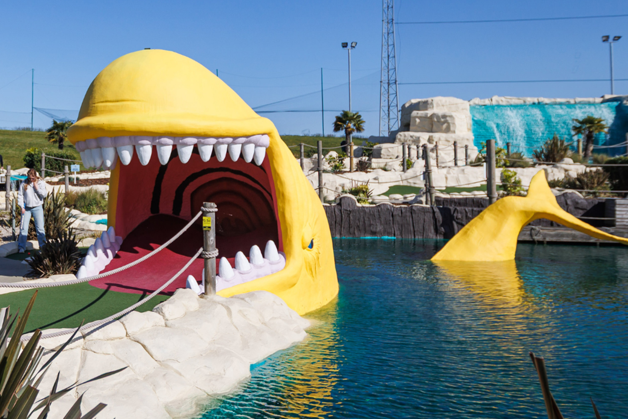 Whalebone Golf Club's adventure golf course, with a giant sea creature bearing an open mouth to putt into