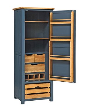 The Cotswold Company Westcote Blue narrow larder with doors open and empty shelves