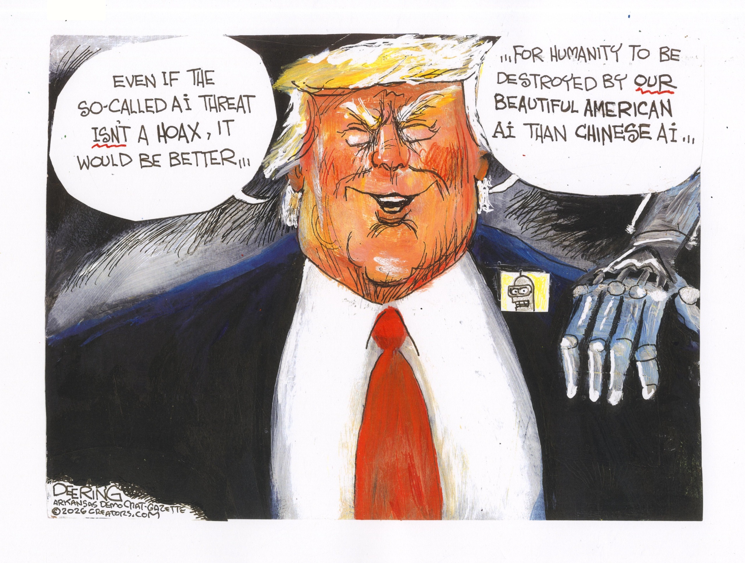 Donald Trump has a robot hand on his shoulder as he says, &amp;ldquo;Even if the so-called AI threat isn&amp;rsquo;t a hoax, it would be better&amp;hellip;for humanity to be destroyed by our beautiful American AI than Chinese AI&amp;hellip;&amp;rdquo;
