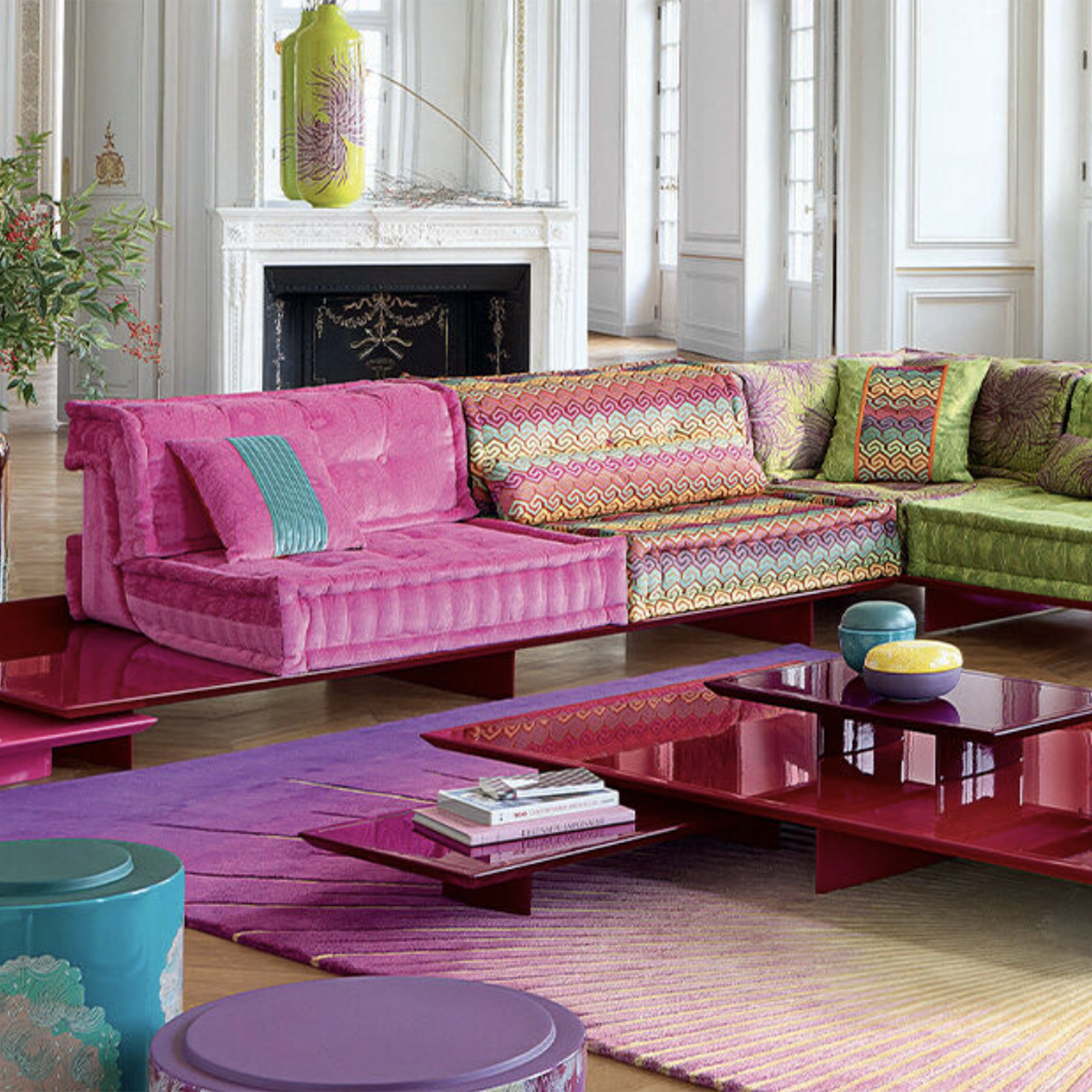 colourful sofa in a white living room
