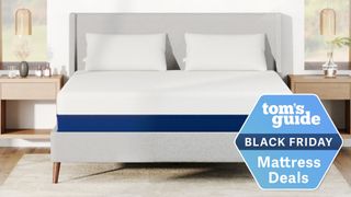 The Amerisleep AS3 Hybrid mattress on a bed frame in a bedroom, a Tom&#039;s Guide Black Friday Mattress Deals graphic (right)