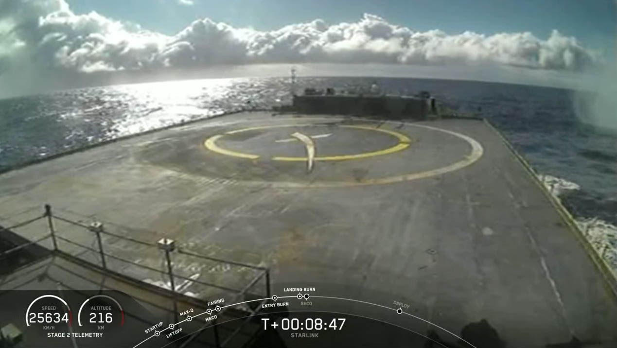 While SpaceX's 60-satellite Starlink launch was a success, the missions' veteran Falcon 9 first stage booster did not stick its landing on the drone ship Of Course I Still Love You, shown here awaiting the landing.