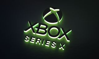 Xbox Series X and logo in dark text and lit from behind