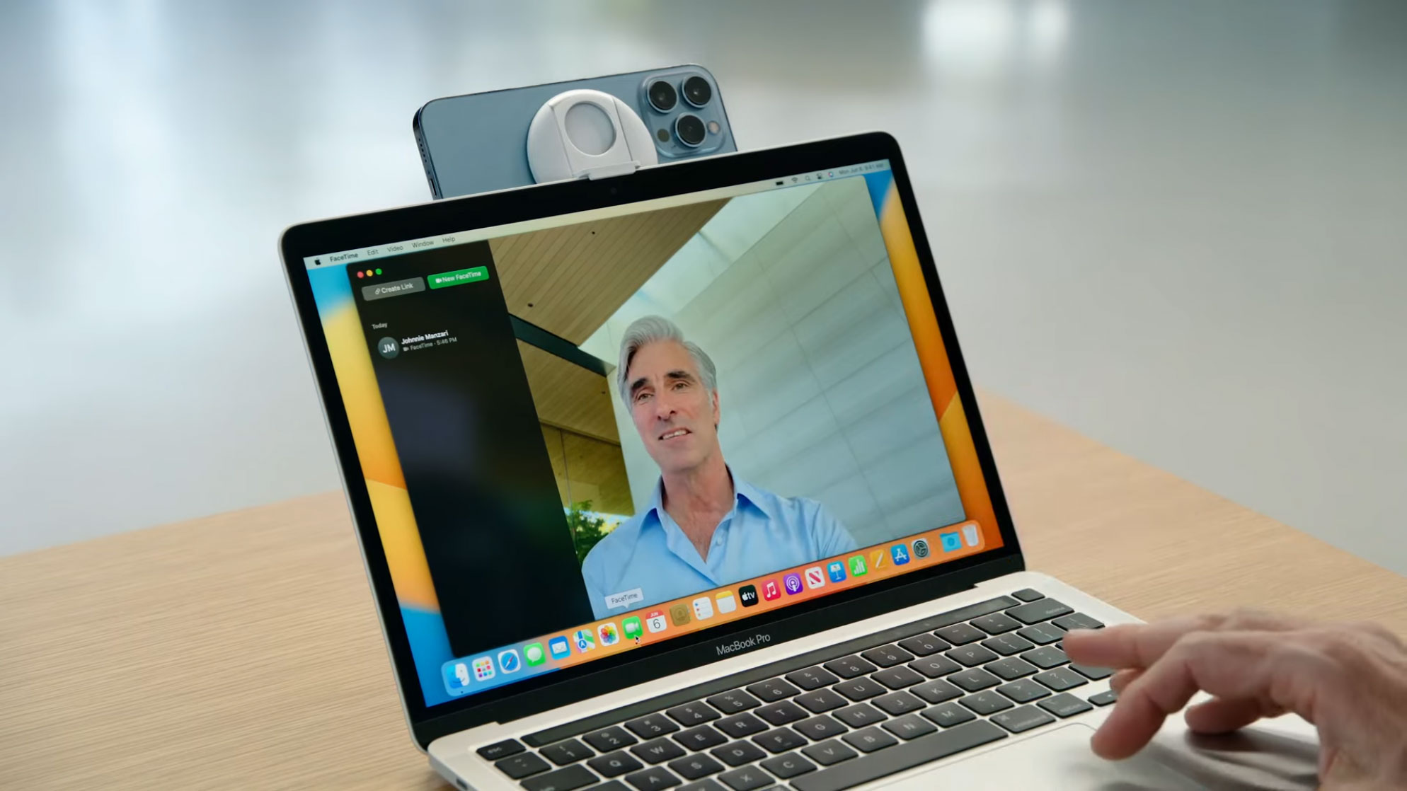 Apple's Craig Federighi demonstrating Continuity Camera in macOS Ventura at WWDC 2022.